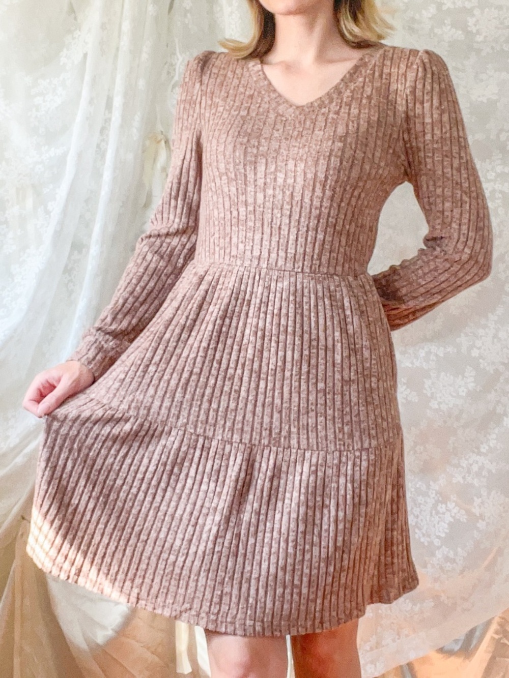 Brown Ribbed Fit and Flare Dress